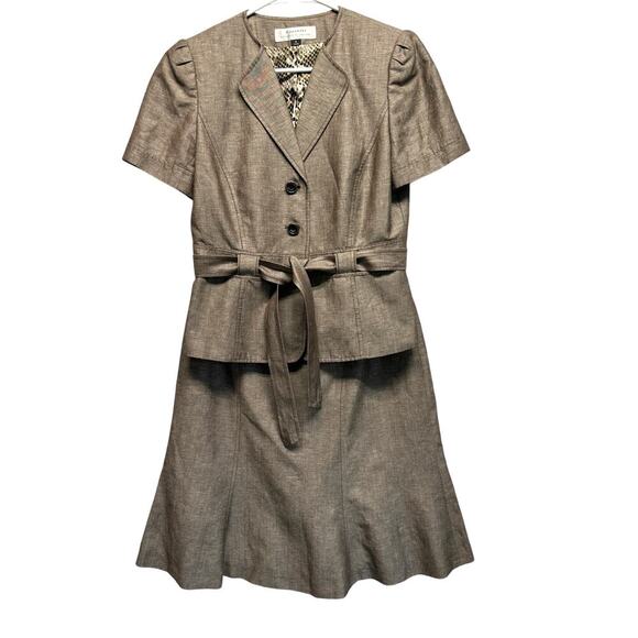 Tahari Linen Blend Skirt Suit Set Short Sleeve Belted Blazer & Flared Skirt Sz 6 - Picture 1 of 15